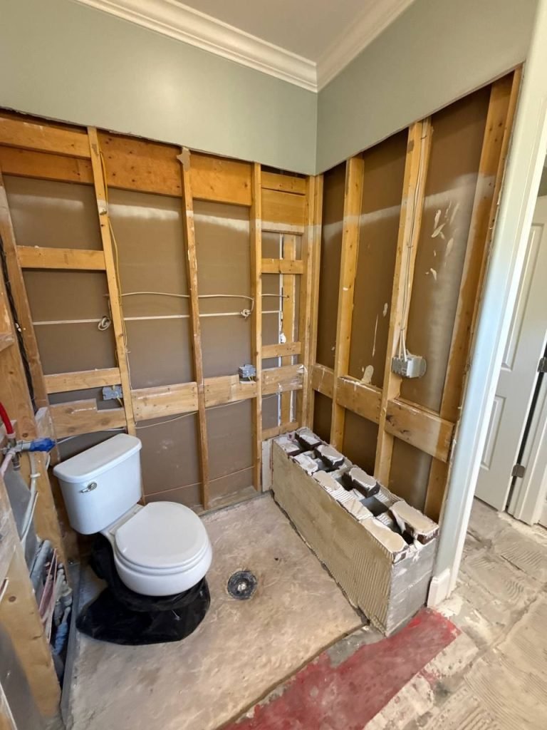 Bathroom demolished to the studs with a new shower curb formed and the toilet still in place.